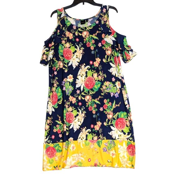 Rafaella Floral Cold Shoulder Stretch Colorful lilies Dress L - Picture 1 of 6